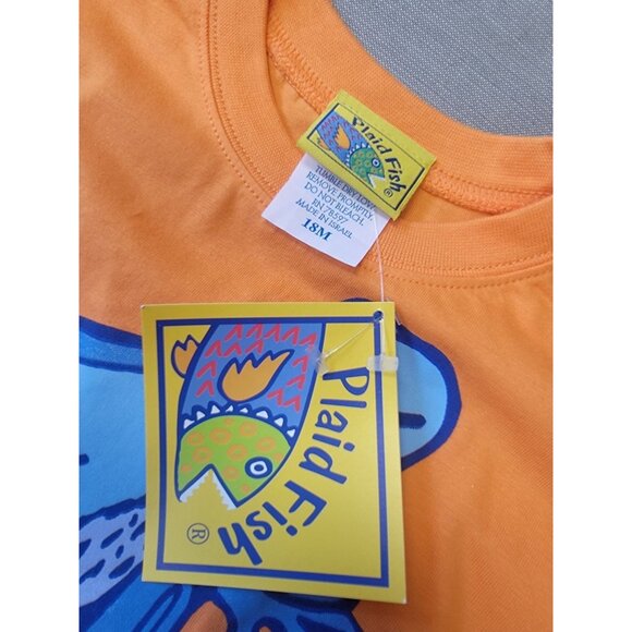 Vintage Plaid Fish Kids Orange T-Shirt With Blue Frog Graphic Design Short Sleev - Picture 3 of 3
